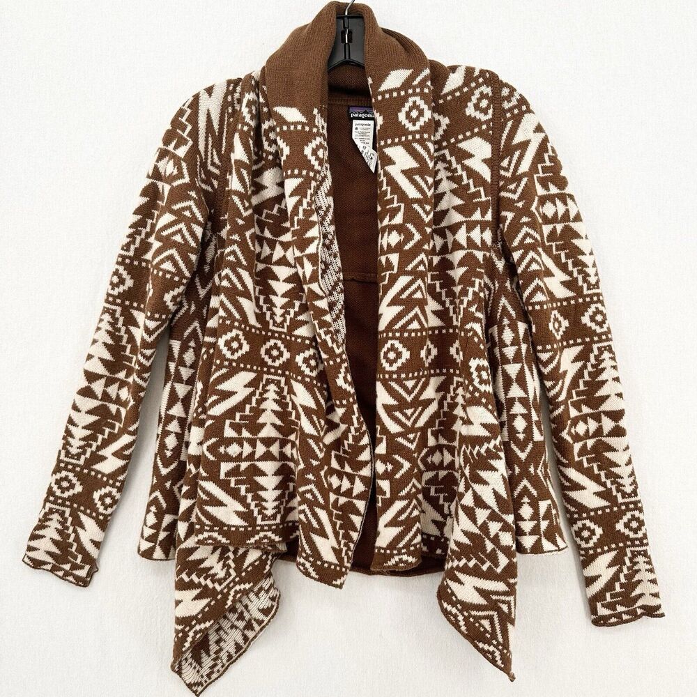 Patagonia Western Sweater Womens Small Cardigan Brown Beige Open Aztec Lambswool